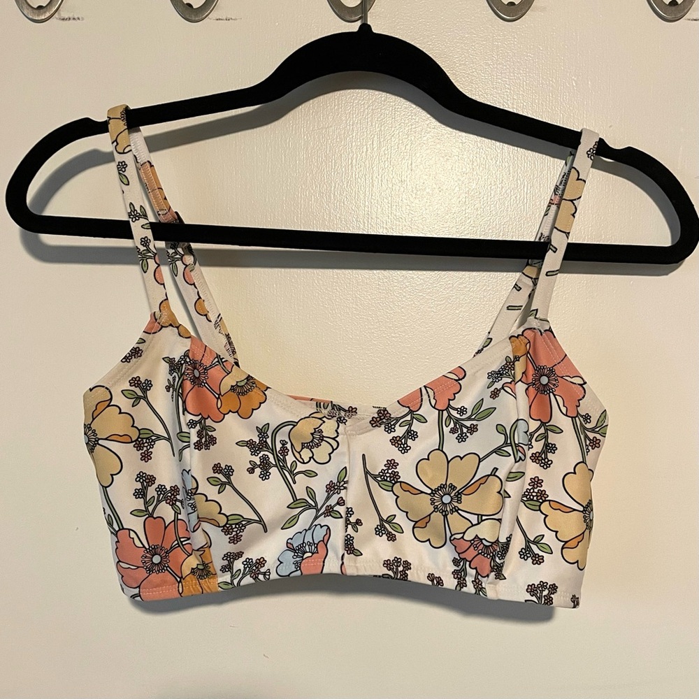 Floral Scoop Neck Bikini Top in Cream and Pastel